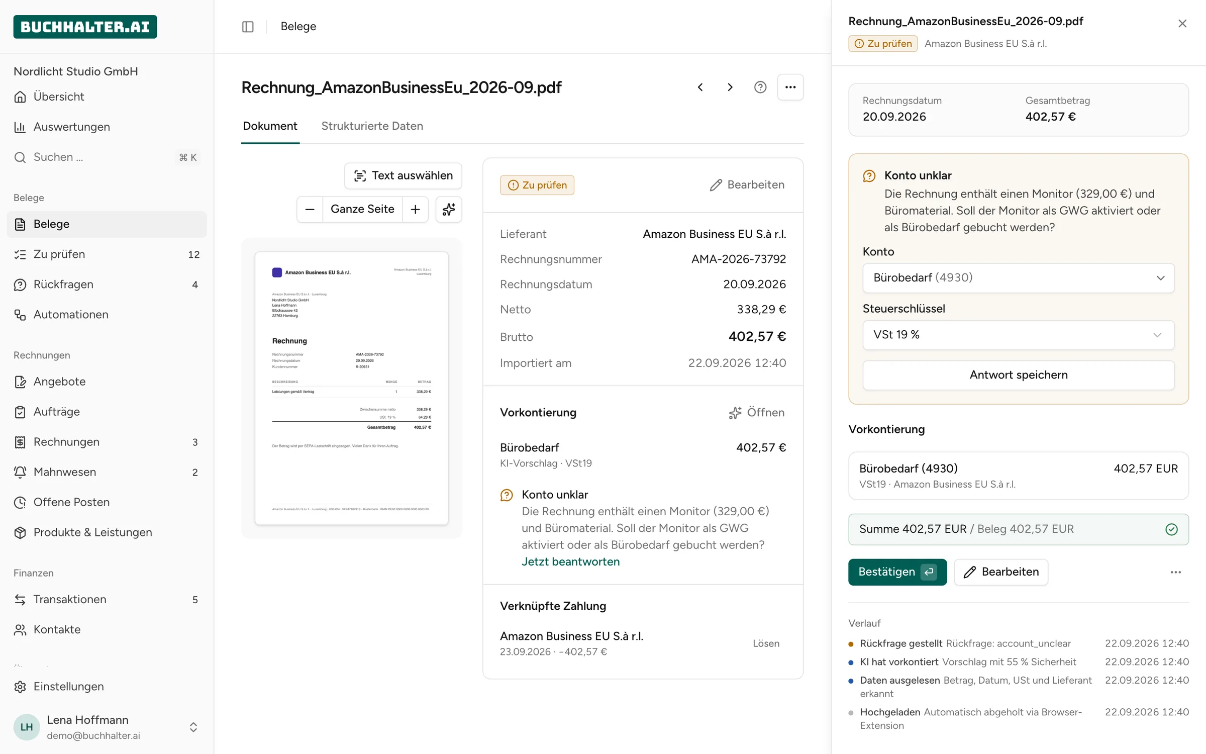 Rückfrage der KI zu einer Amazon-Rechnung: Monitor als GWG oder Bürobedarf buchen?